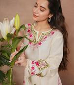 White falak kashmiri embroidered flared sleeves thread work cotton straight kurta