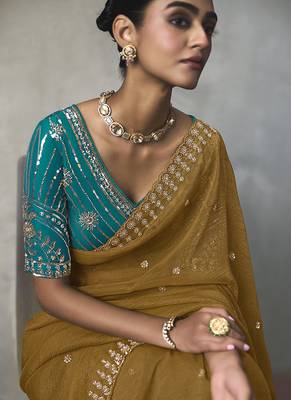 mustard silk blend sequince designer border party wear saree 4