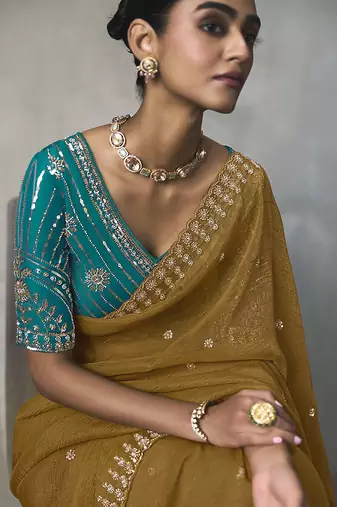 mustard silk blend sequince designer border party wear saree