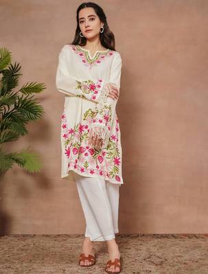 White falak kashmiri embroidered flared sleeves thread work cotton straight kurta 2