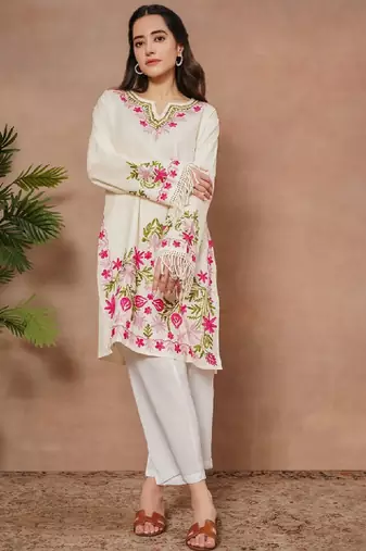 White falak kashmiri embroidered flared sleeves thread work cotton straight kurta