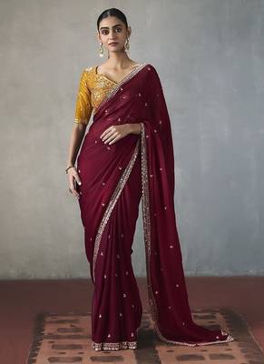 maroon silk blend sequince designer border party wear saree 1