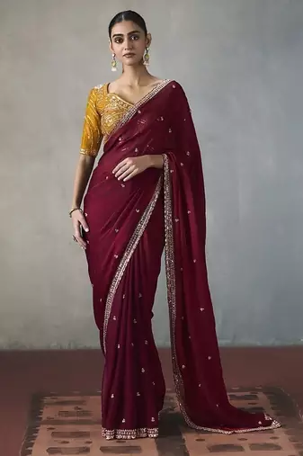 maroon silk blend sequince designer border party wear saree
