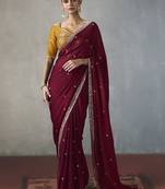 maroon silk blend sequince designer border party wear saree