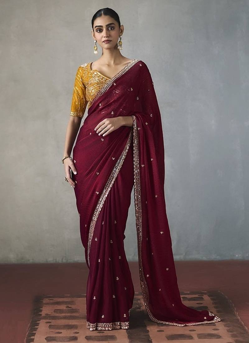 maroon silk blend sequince designer border party wear saree