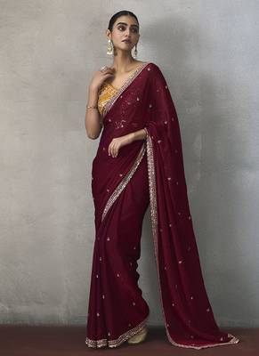 maroon silk blend sequince designer border party wear saree 2