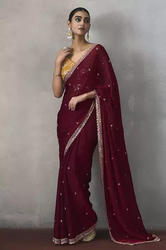 maroon silk blend sequince designer border party wear saree