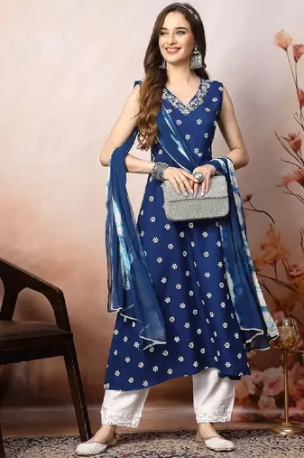 Blue & white floral printed mirror work a line kurta with dupatta