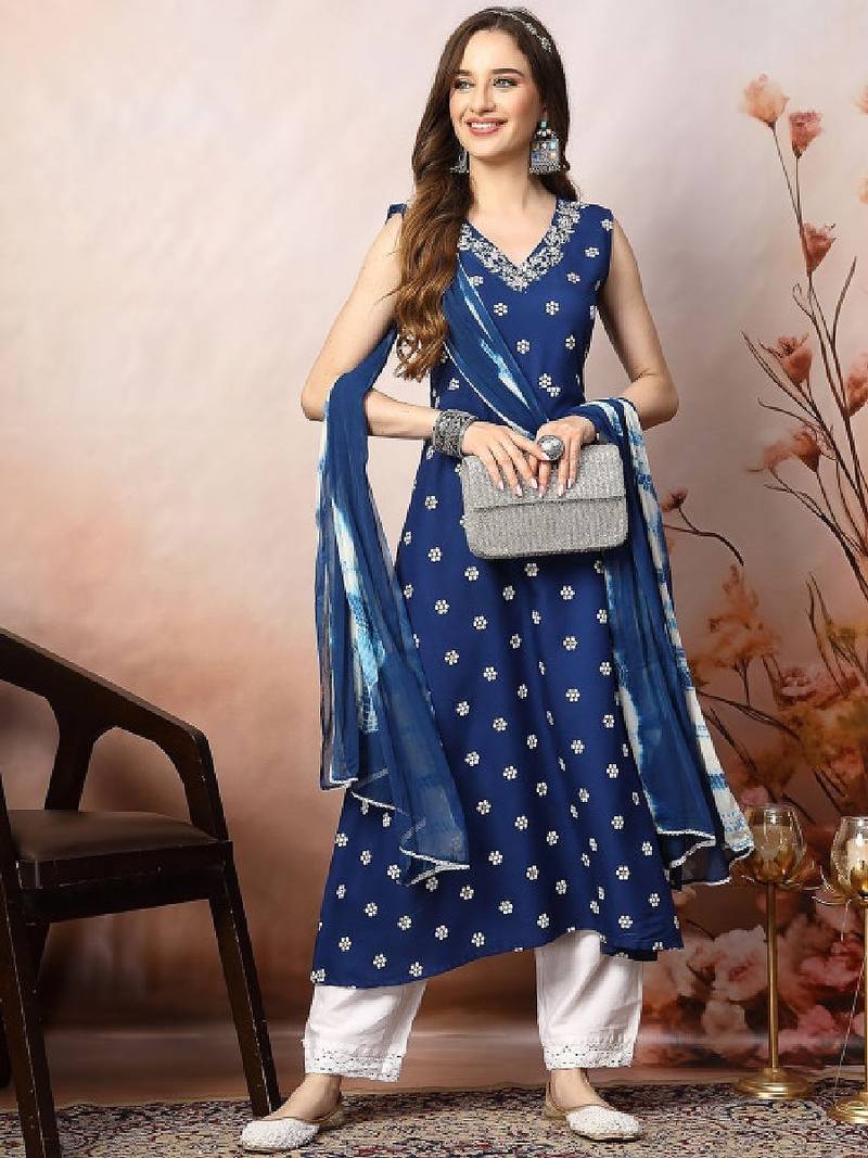Blue & white floral printed mirror work a line kurta with dupatta