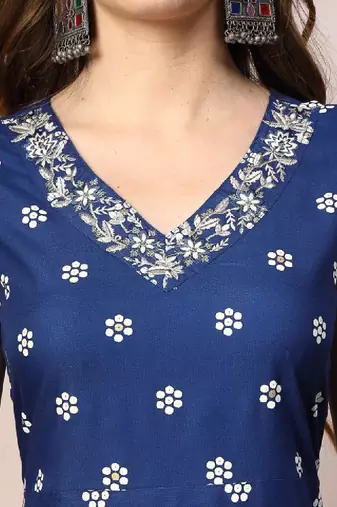 Blue & white floral printed mirror work a line kurta with dupatta