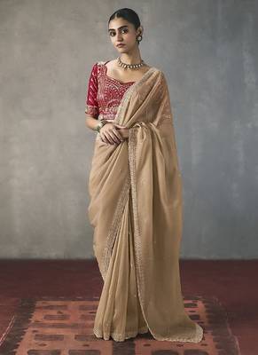 beige silk blend sequince designer border party wear saree 1