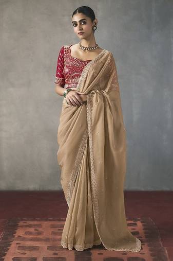 beige silk blend sequince designer border party wear saree