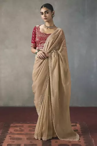 beige silk blend sequince designer border party wear saree