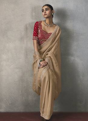 beige silk blend sequince designer border party wear saree 2