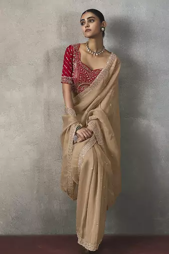 beige silk blend sequince designer border party wear saree