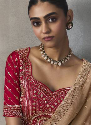 beige silk blend sequince designer border party wear saree 3
