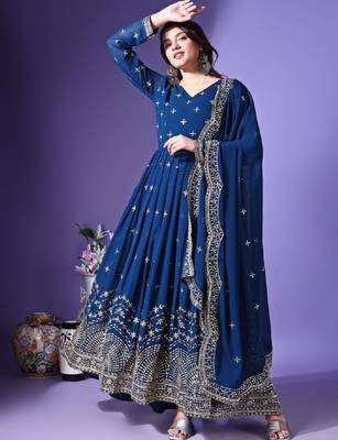 Floral embroidered georgette anarkali kurta with dupatta 1