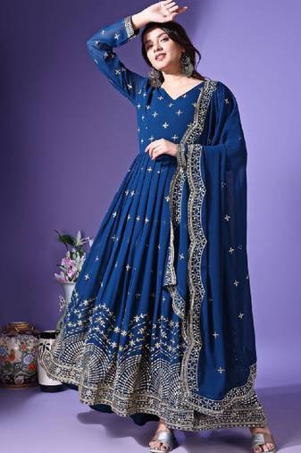 Floral embroidered georgette anarkali kurta with dupatta