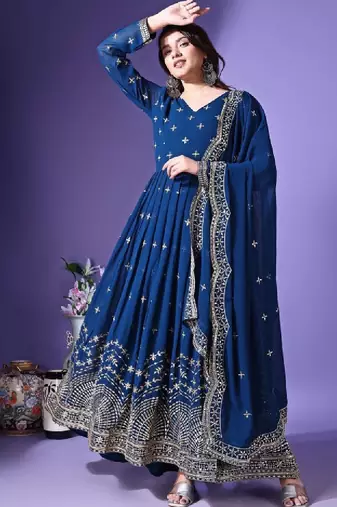Floral embroidered georgette anarkali kurta with dupatta