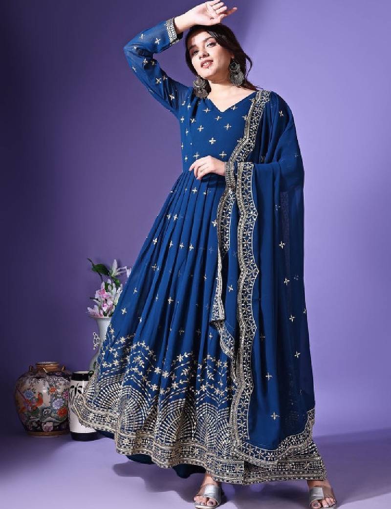Floral embroidered georgette anarkali kurta with dupatta