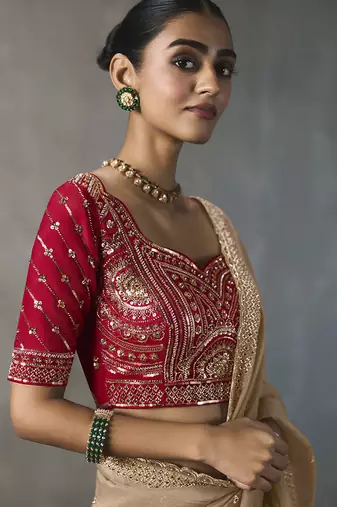 beige silk blend sequince designer border party wear saree