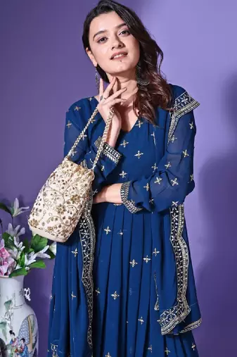 Floral embroidered georgette anarkali kurta with dupatta