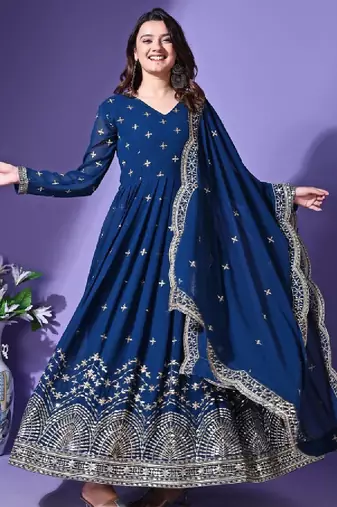 Floral embroidered georgette anarkali kurta with dupatta