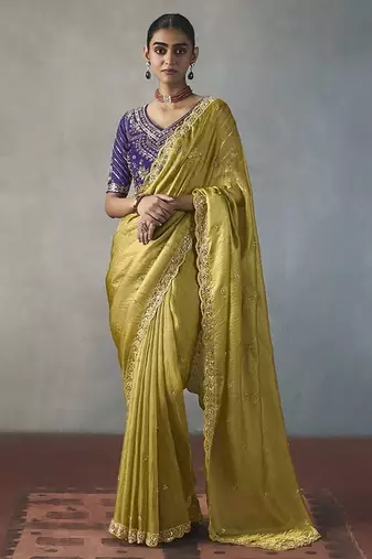 antique gold silk blend sequince designer border party wear saree