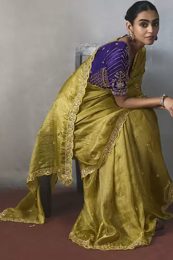 antique gold silk blend sequince designer border party wear saree