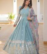 Floral embroidered sequinned georgette anarkali kurta with duppatta