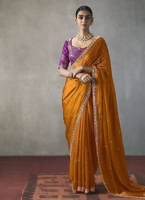 orange silk blend sequince designer border party wear saree 1