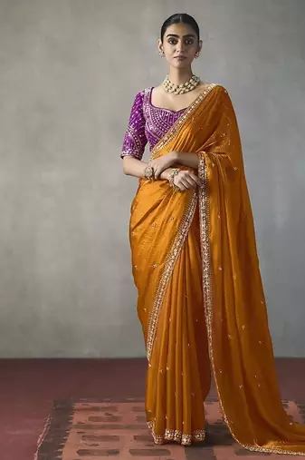 orange silk blend sequince designer border party wear saree