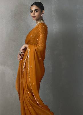 orange silk blend sequince designer border party wear saree 2