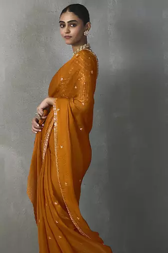 orange silk blend sequince designer border party wear saree