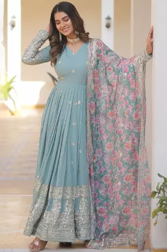 Floral embroidered sequinned georgette anarkali kurta with duppatta
