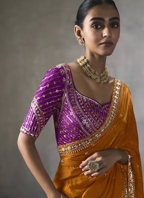 orange silk blend sequince designer border party wear saree 3