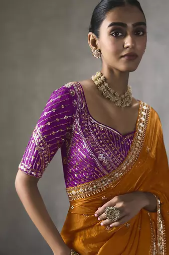 orange silk blend sequince designer border party wear saree