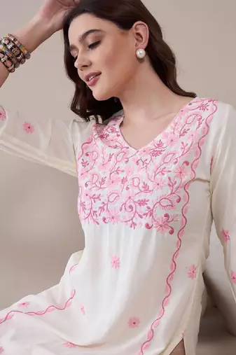 Floral embroidered thread work regular straight kurta