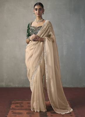 light beige silk blend sequince designer border party wear saree 1
