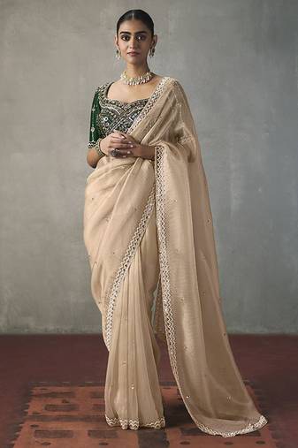 light beige silk blend sequince designer border party wear saree