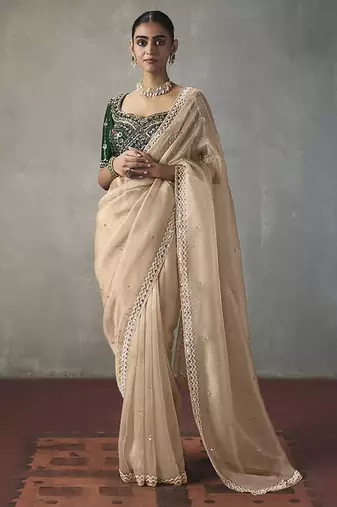 light beige silk blend sequince designer border party wear saree