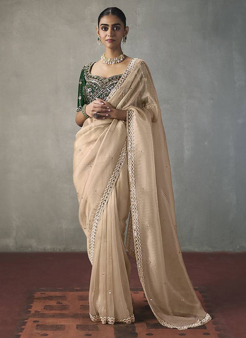 light beige silk blend sequince designer border party wear saree