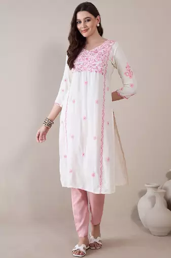 Floral embroidered thread work regular straight kurta