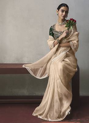 light beige silk blend sequince designer border party wear saree 2