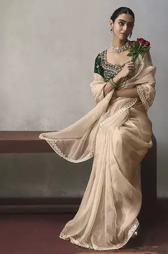 light beige silk blend sequince designer border party wear saree