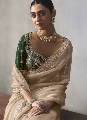 light beige silk blend sequince designer border party wear saree 3