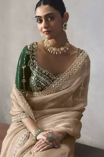 light beige silk blend sequince designer border party wear saree