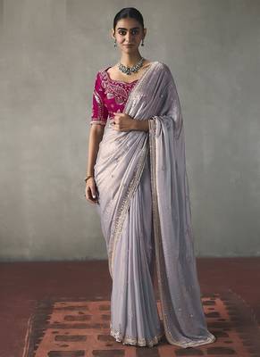 silver silk blend sequince designer border party wear saree 1