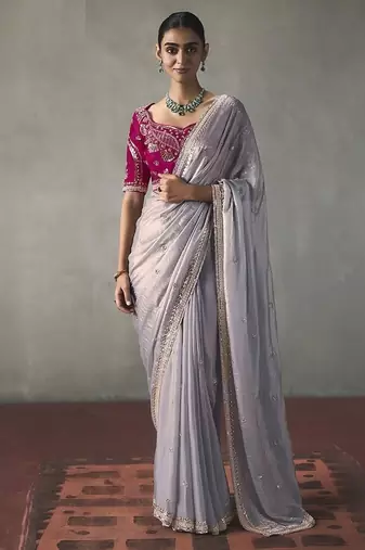 silver silk blend sequince designer border party wear saree