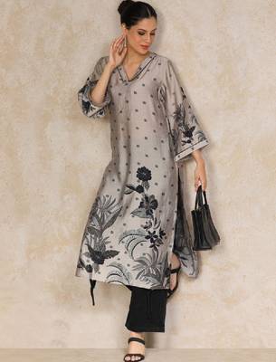 Floral printed flared sleeves straight chanderi cotton kurta 1